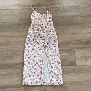 Zara White Floral Ruched Tie Midi Dress